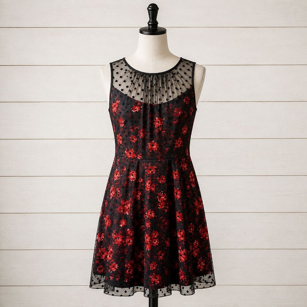 Luxe Carmen Marc Valvo Red Floral Dress SZ 14 Dotted Swiss Overlay Whimsy Goth